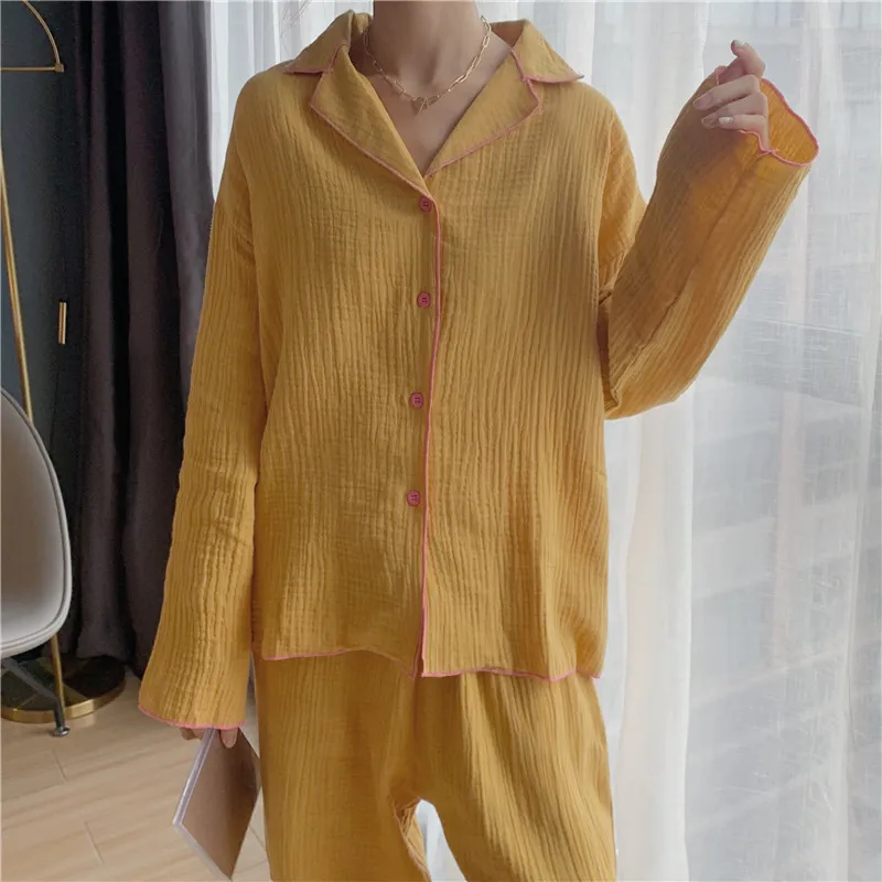 Chic Femme Vintage Sweet Casual Soft Color-Hit Sleepwear Stylish Women Loose Homewear Cotton Pyjamas Sets 210525