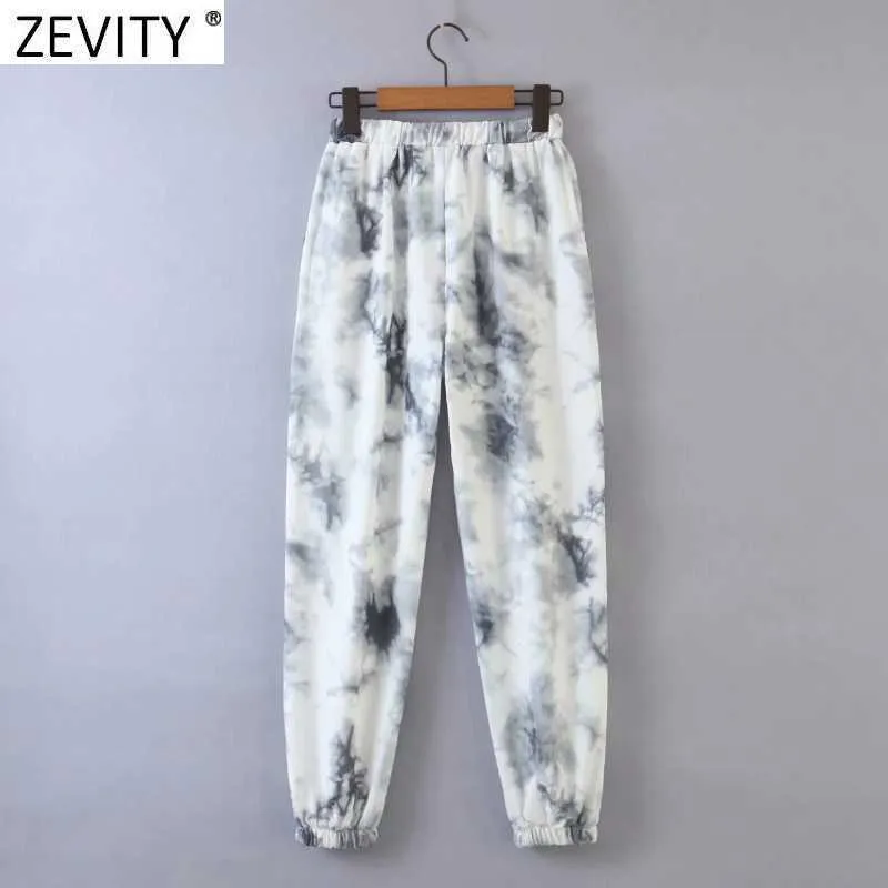 Zevity 여성 빈티지 넥타이 염색 그림 조깅 바지 세련된 여성 탄성 허리 편지 자수 캐주얼 pantalones mujer p1022 210603