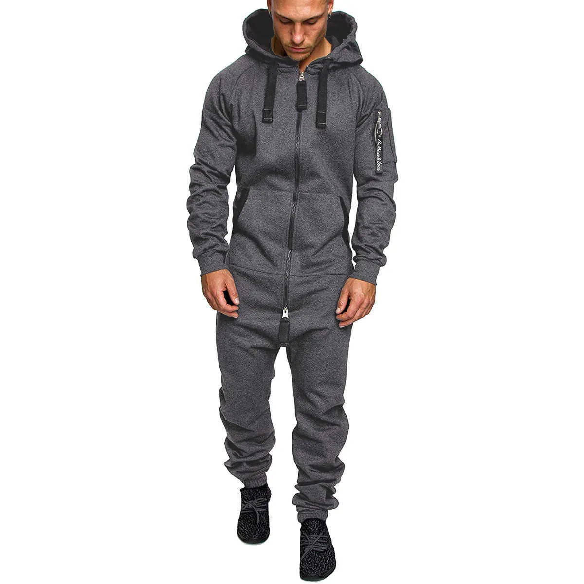 Mono con capucha de camuflaje para hombre, mono de otoño de manga larga con cremallera, ropa de calle para hombre, sudadera, pantalones, ropa de una pieza de talla grande X0610