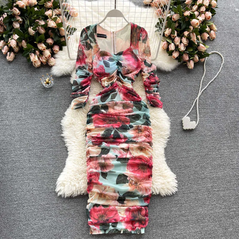 Sommar Bohemian Floral draped Bodycon Dress Women Sexy Square Collar Långärmad Hög midja Slim Elegant Robe Kvinna 2021 Ny Y0603