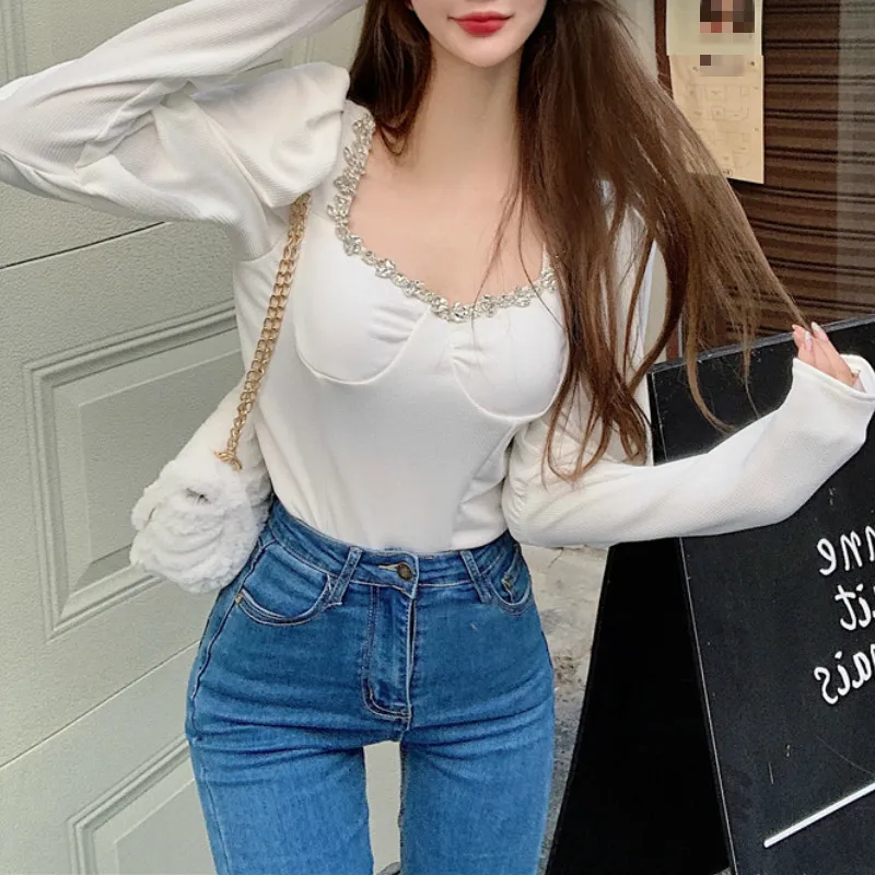 EzGaga estilo francês mulheres sexy tops chic squre colarinha moda longa manga de sopro elegante camisas senhoras casuais tops 210430