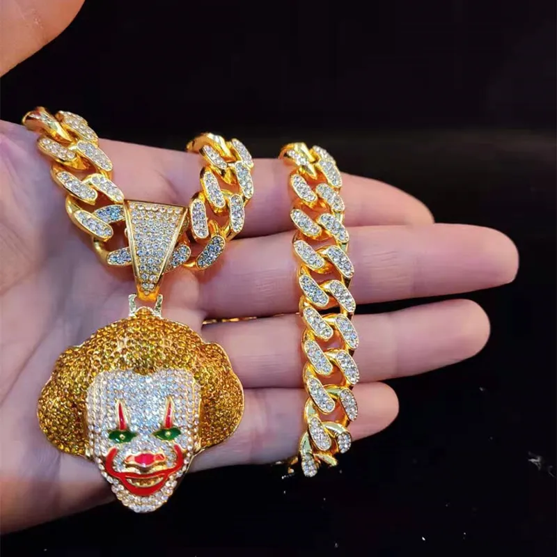Män kvinnor hiphop film clown pendel halsband med 13 mm miami kubansk kedja isad ut bling hiphop halsband manliga charm smycken4775359
