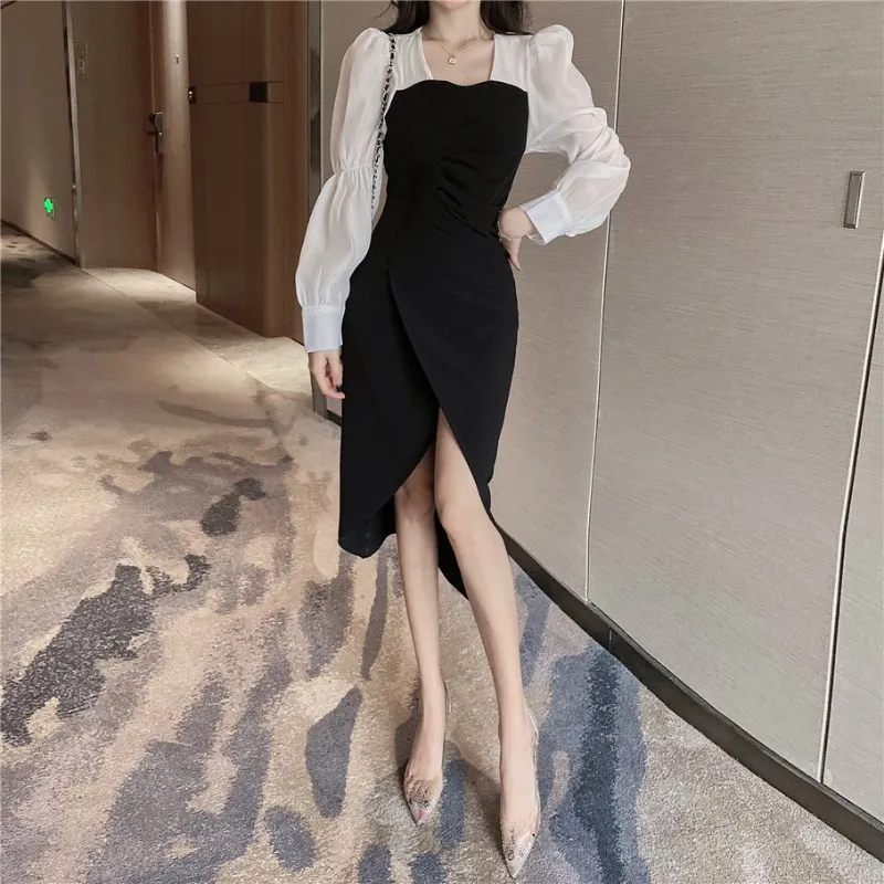 KIMUTOMOヴィンテージドレス女性香港スタイルのコントラストカラーパネル付き女性パッチワークスプリット不規則な裾Vestido de Mujer 210521