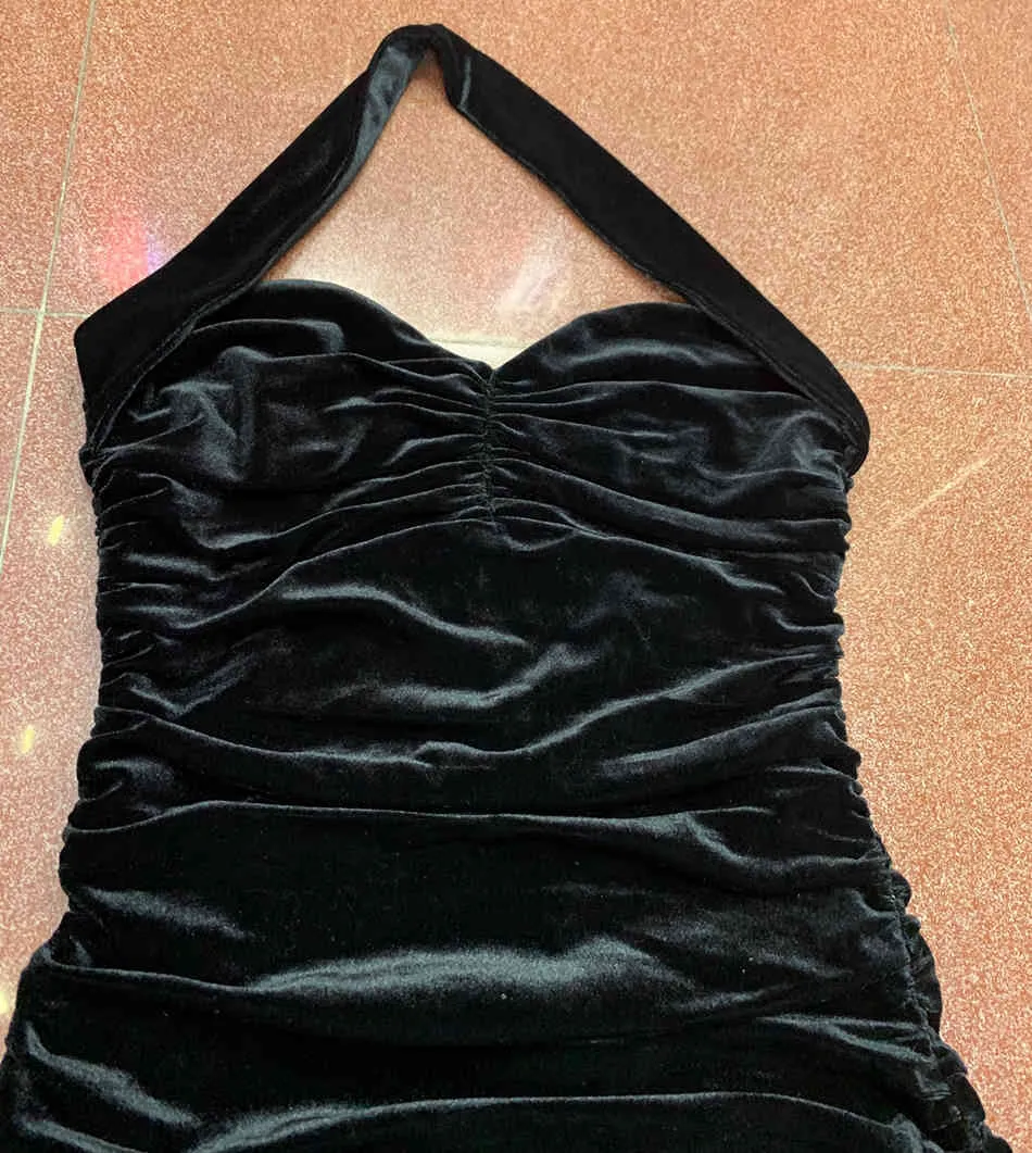 Free Summer Black Velvet Mini Dress Women's Sexy Halter Sleeveless Bodycon Draped Club Party Vestidos 210524
