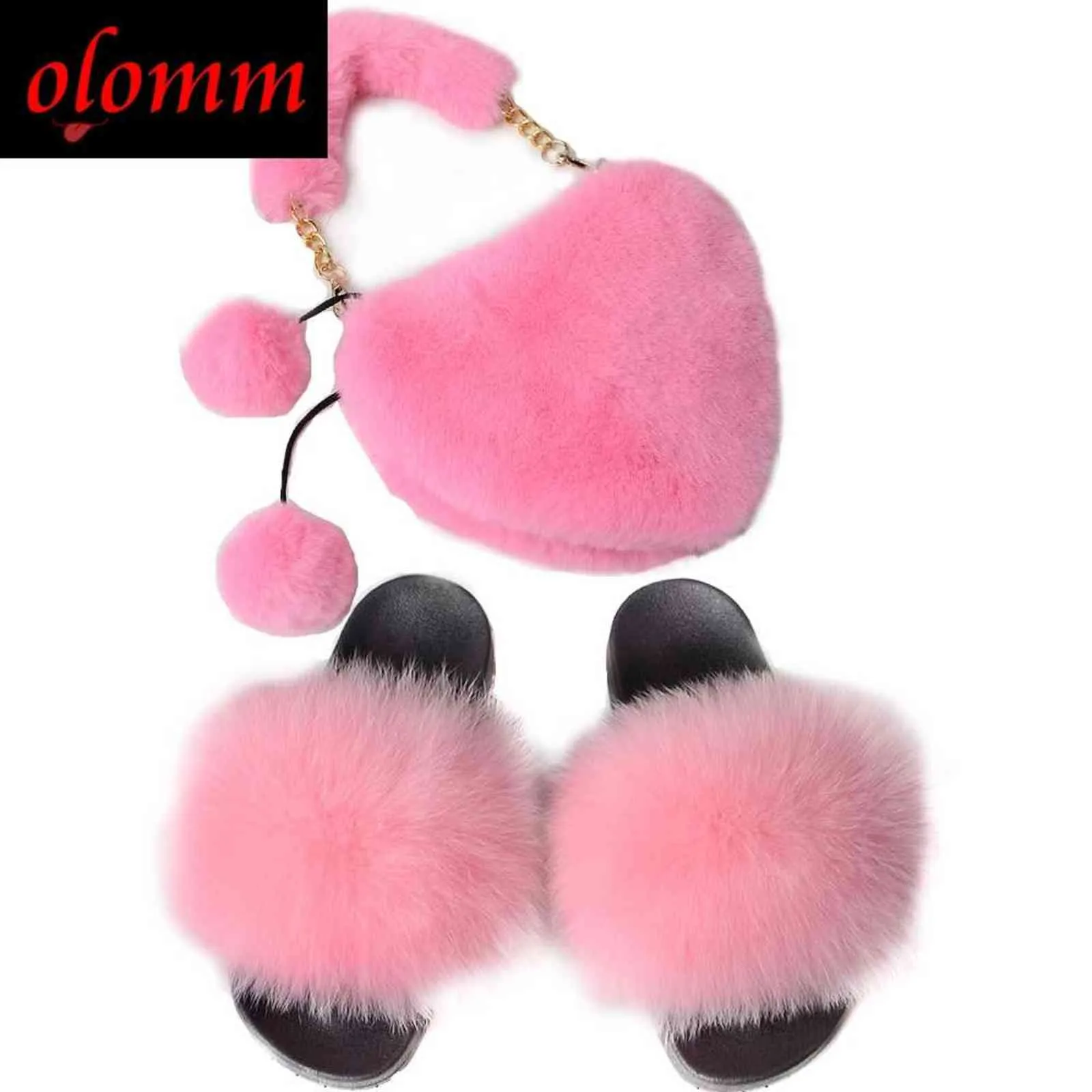 Sommar kvinnor räv päls tofflor set mode fluffig furry handväska casual plysch päls glidor skor söta faux kanin päls väskor sätter het h1122