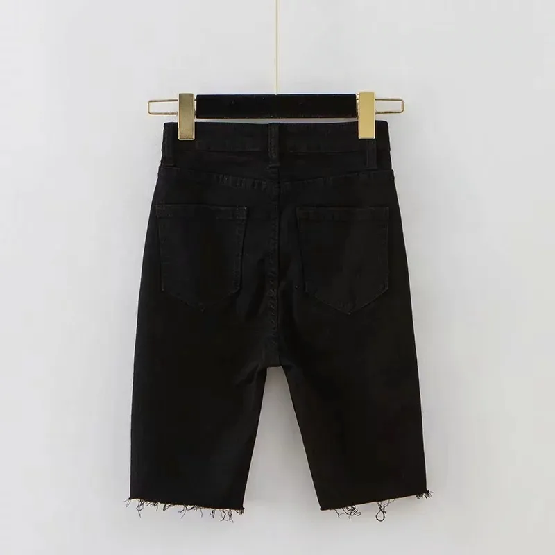 Pantaloni al ginocchio Summer Demin Bottoms Capris BF Style Donna Mezza jeans Nappa coreana a vita alta 210510
