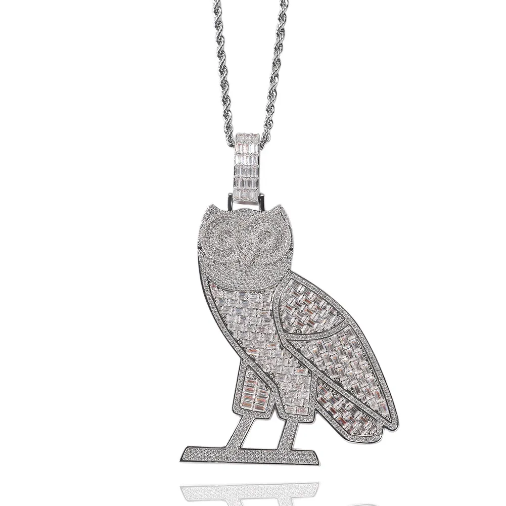 Mode Hip Hop Jewelry Owl Pendant Halsband med kedjevitt guldfylld Micro Pave CZ Zricon Necklace Rapper Accessories Ins 2897247