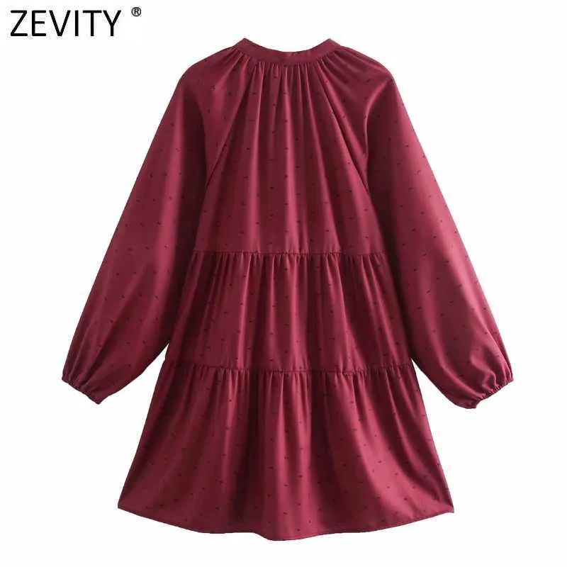 Zevity femmes doux col en V à lacets imprimé plis Mini robe femme à manches longues décontracté Chic Vestido dames vêtements DS4958 210603