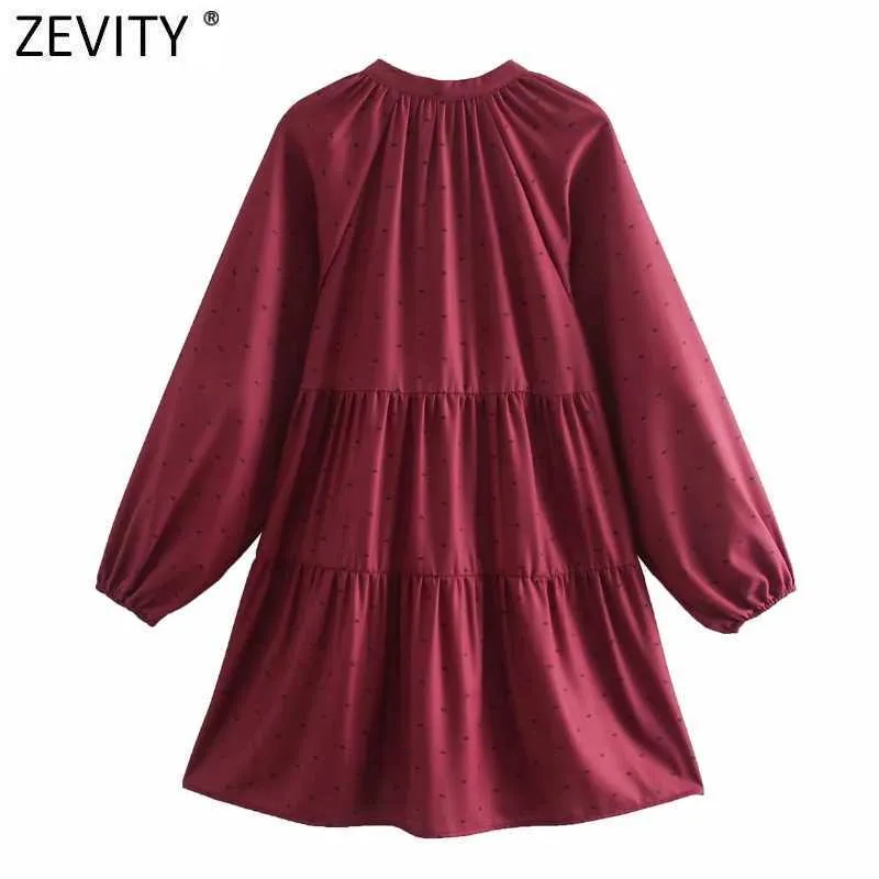 Zevity Women Sweet V Neck Lace Up Print Pleats Mini Dress Female Long Sleeve Casual Chic Vestido Ladies Clothing DS4958 210603