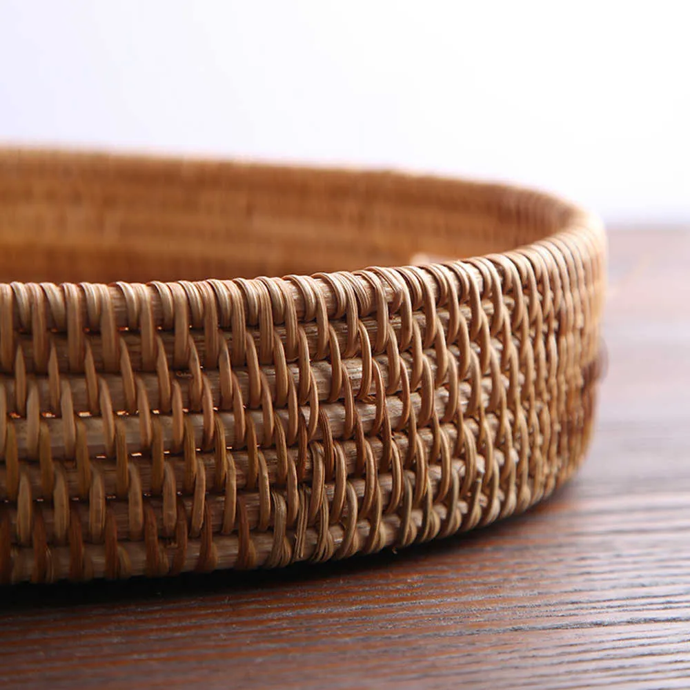 Rattan Storage Tray Tray Woven Pickic Корзина хлеба Фрукты Закуски Пищевые Корзины дисплея Рабочий стол Сервировка с ручкой 210609