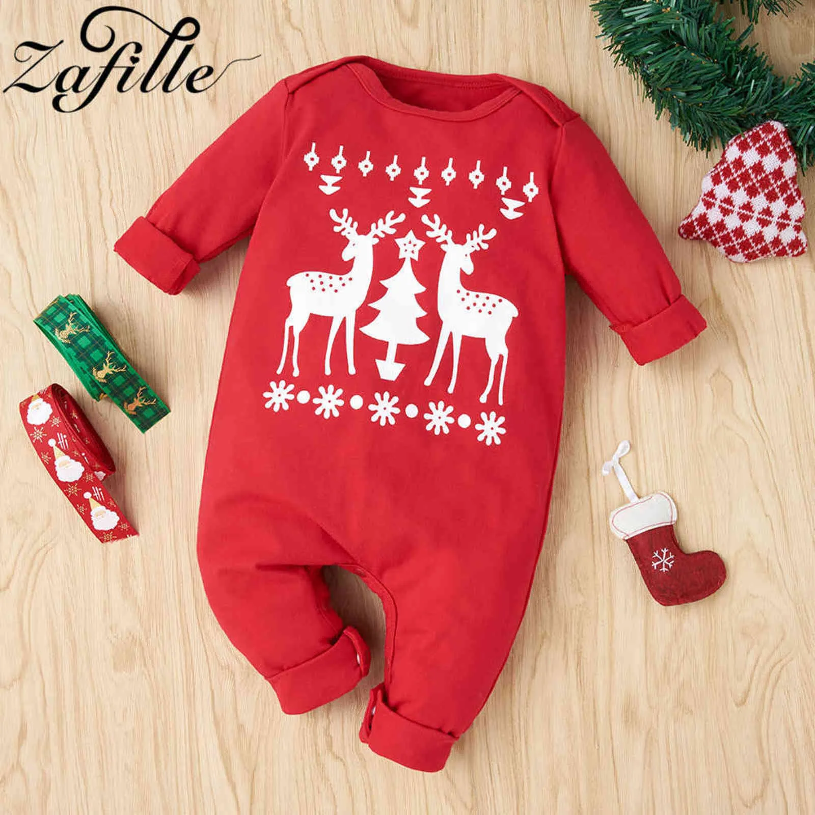 Zafille 0-18m Min första jul Baby Kläder Boys Girls Xmas Deer Printed Babys rompers årets kostym för spädbarn Jumpsuit 211101