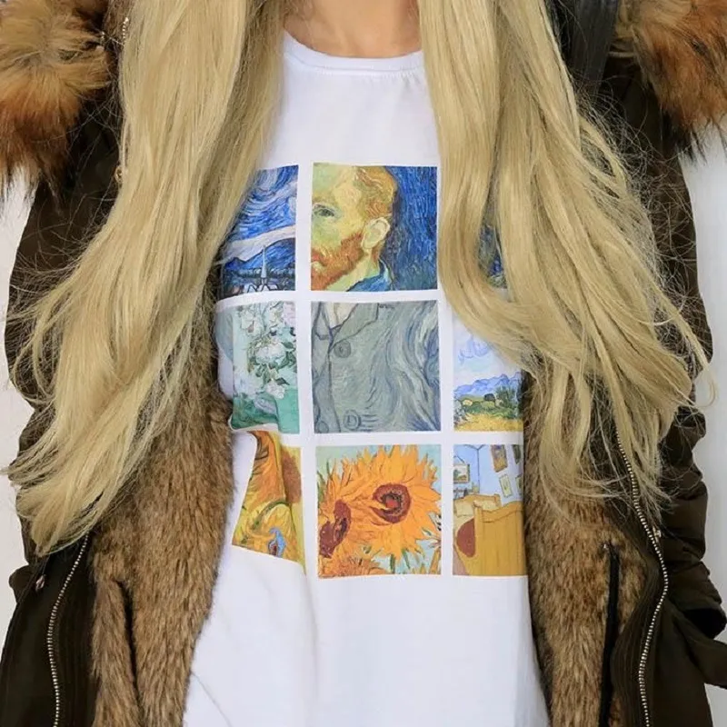 Kobiety Van Gogh Malarstwo Vintage T-Shirt Tumblr Grunge Estetyczne Drukowane Tee Krótkie Rękawy Białe Topy 210518