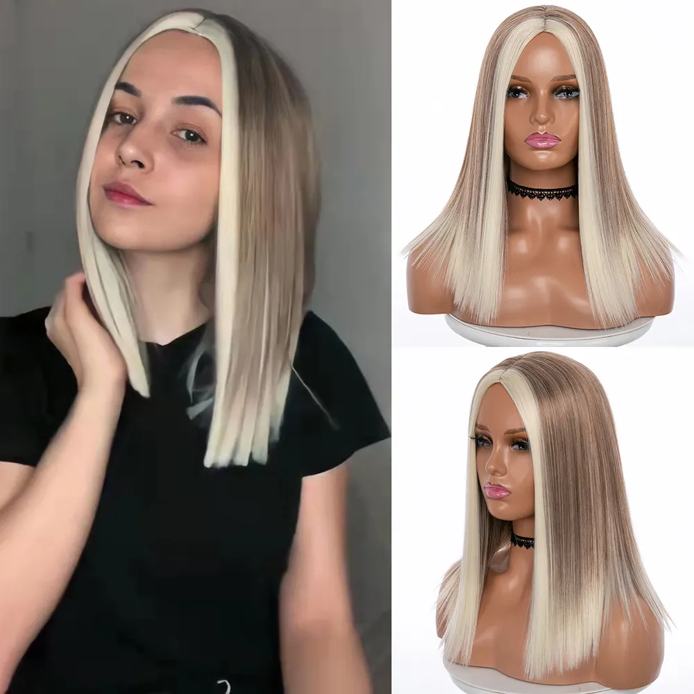 2021Short Blonde raka höjdpunkter peruker för svart / vit Kvinnor Mellandel Ombre Brown Mix Blond Bob Wig Syntetisk Hair Shoulder LFactory