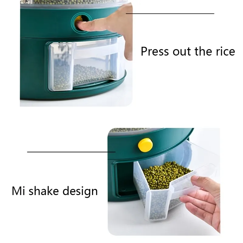 10kgのキッチン食品保管容器用穀物用の回転缶湿気昆虫プルーフグレインオーガナイザーボックス6グリッドライスバケツ227239484