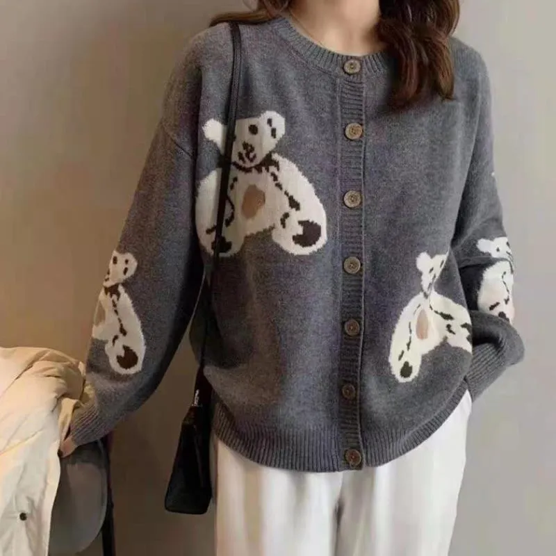 Japanse kawaii vest vrouwen schattige trui jas cartoon beer print koreaanse knitwear meisjes zoete losse vestigans 210519