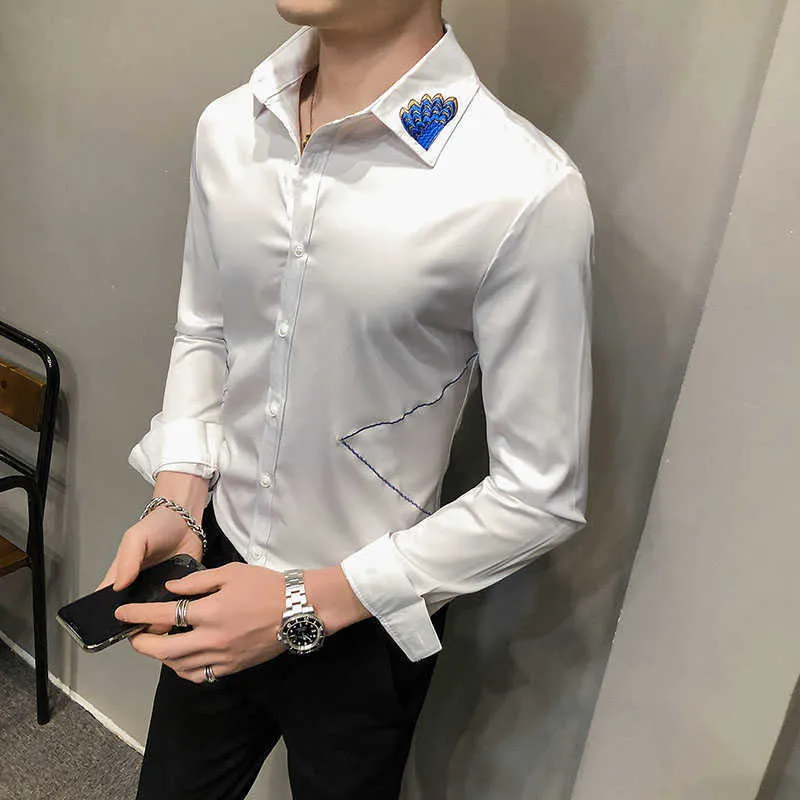 Camisas de moda para homens decote Bordado homem negócios vestido formal camisas de manga longa fina fit rico streetwear chemise homme 210527
