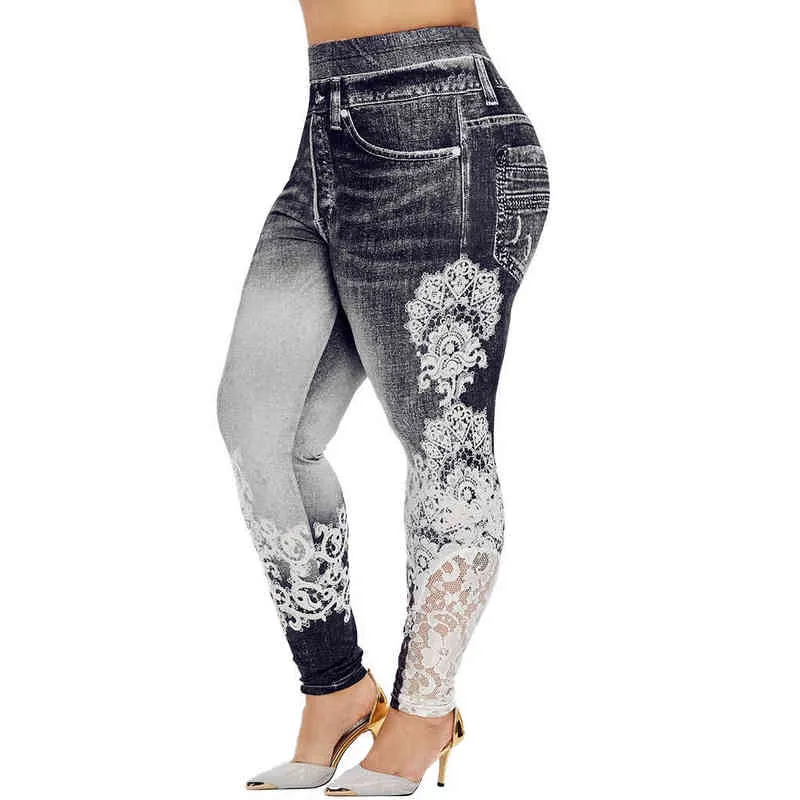 5XL Plus Size Leggings Women Denim Printing Yoga Pants Fitness Leggings Running Gym Stretch Sports Pants High-waist Trousers H1221