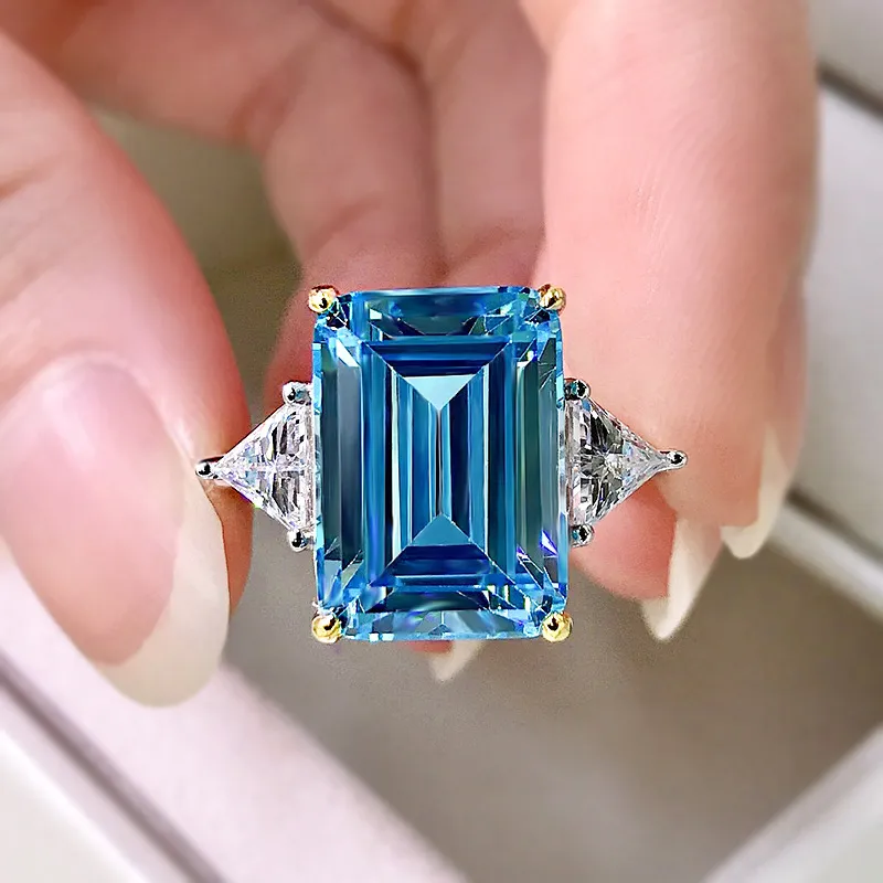 925 Vintage de prata esterlina criada Moissanite 1014mm RETANGLE AQUAMARINE ANEGOGEM PARTE DE CASAMENTO DE WOMENS JOENS FEM