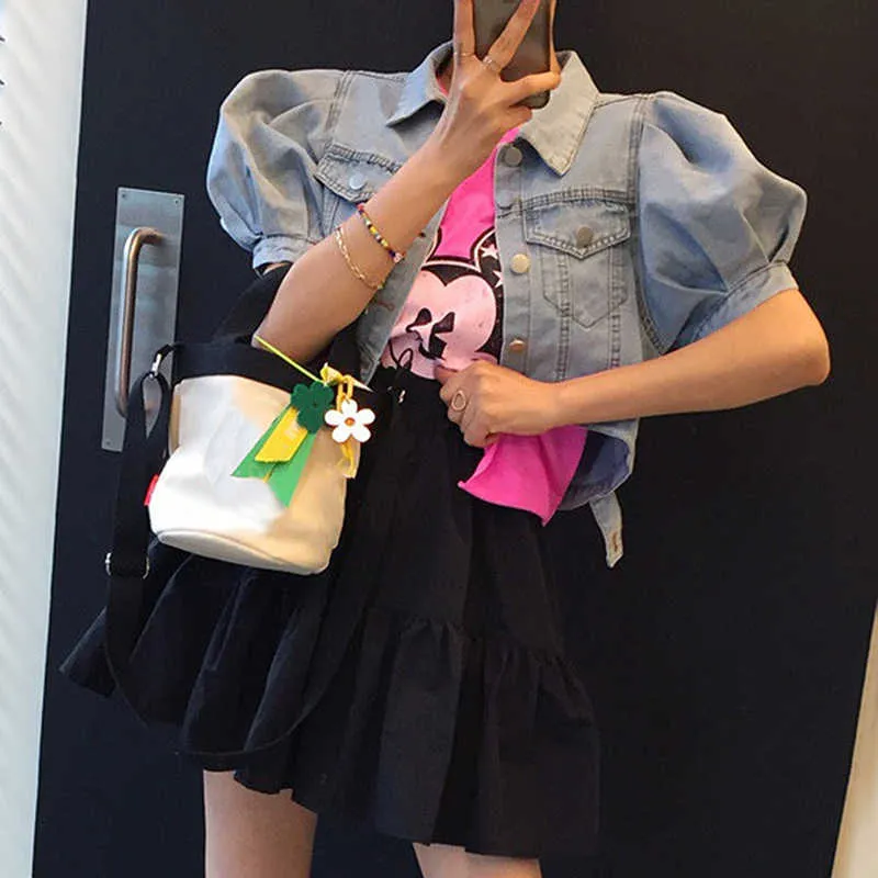 Korejpaa Women Sets Summer Korean Chic Ladies Retro Loose Short Puff Sleeve Denim Jacket High Waist Drawstring A-line Skirt 210526