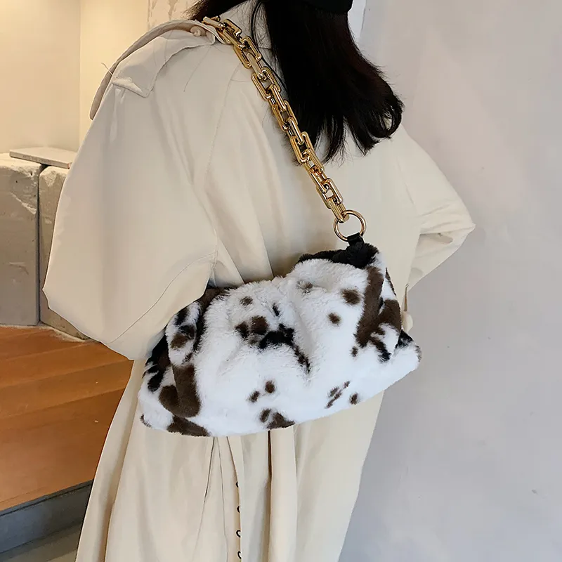 Handbags Cow Pattern Soft Faux Fur Small Shoulder Bags for Women 2021 Winter Womens Desinger Luxury Branded Chain Hand Bags