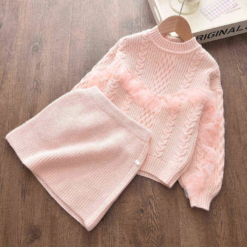 Keelorn meninas conjuntos de roupas de outono suéter simples com laço saia bonito moda criança trajes 2-6 y terno 211224