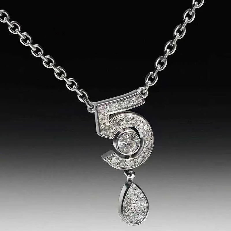 Marca pura joyería de plata de ley 925 para mujer letra 5 colgante de gota de agua de diamante Linda fiesta de flores collar de marca de lujo 8936774