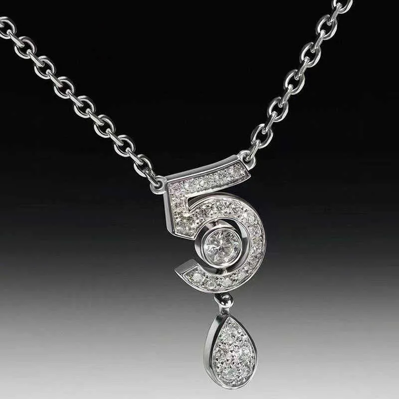 Marke Pure 925 Sterling Silber Schmuck für Frauen Brief 5 Diamant Wassertropfen Anhänger süße Blumenparty Luxusbrand Halskette 5204963