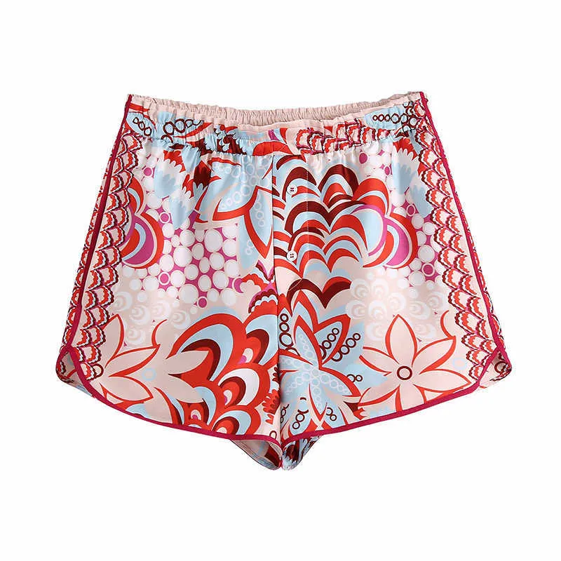 ZXQJ Vintage Frauen Red Peahen Print Shorts Anzug Sommer Mode Damen Lose Satin Boho Zwei Stück Set Mädchen Chic Shirts Sets 210721