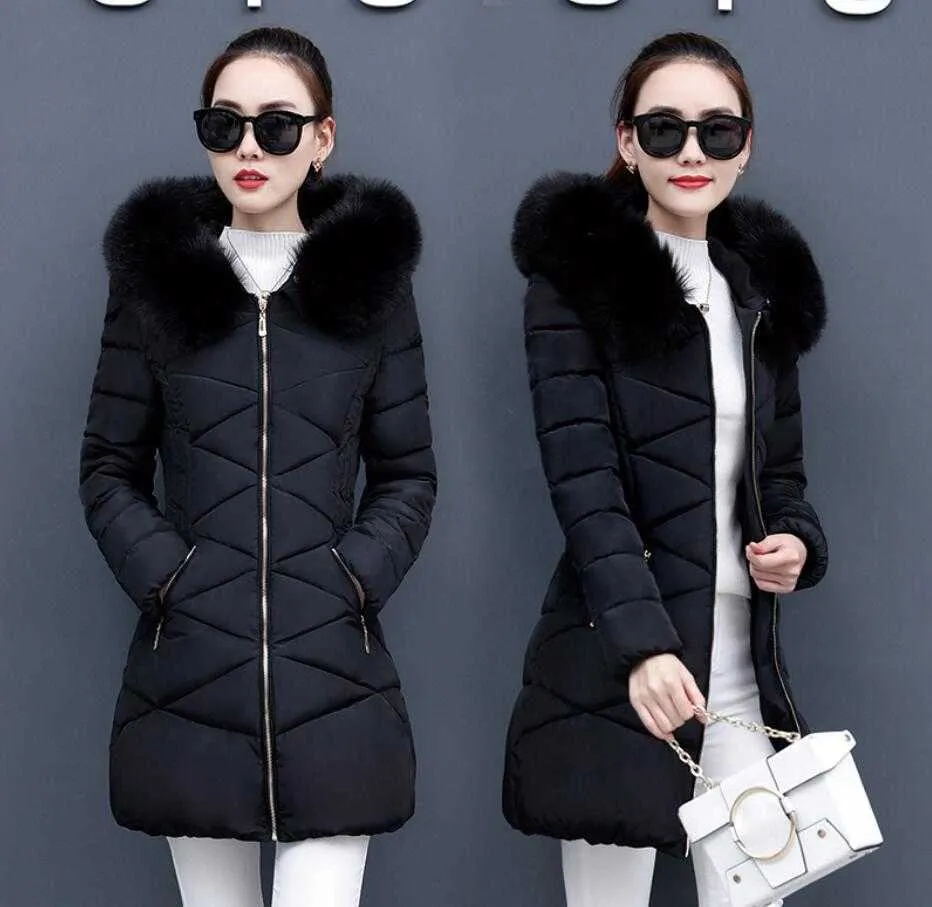 Kobiety Kurtki Winter Płaszcze W Dół Bawełniane Parki Kapturem Feminina Ciepłe Znosić Faux Fur Collar Plus Size Długie A82904 211013