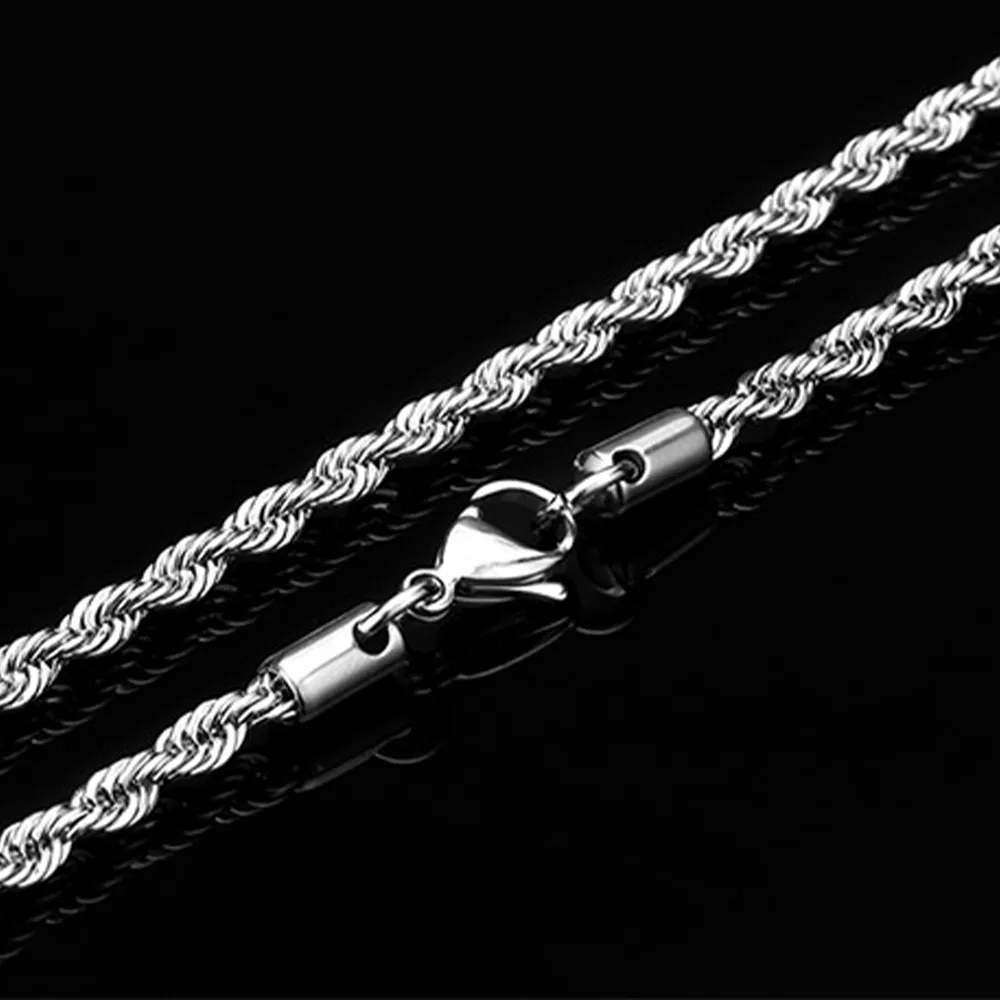 Collier en acier inoxydable de 2mm à 5mm, maillon de chaîne en corde pour hommes et femmes, longueur de 45 à 75cm avec sac en velours 2613