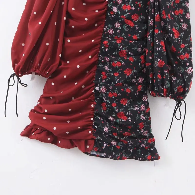 Sexy Contrast Color Floral Print Dress Puff Long sleeve Mini Short Women Bow Tie Strap Ruched Lacing Up Party es 210429