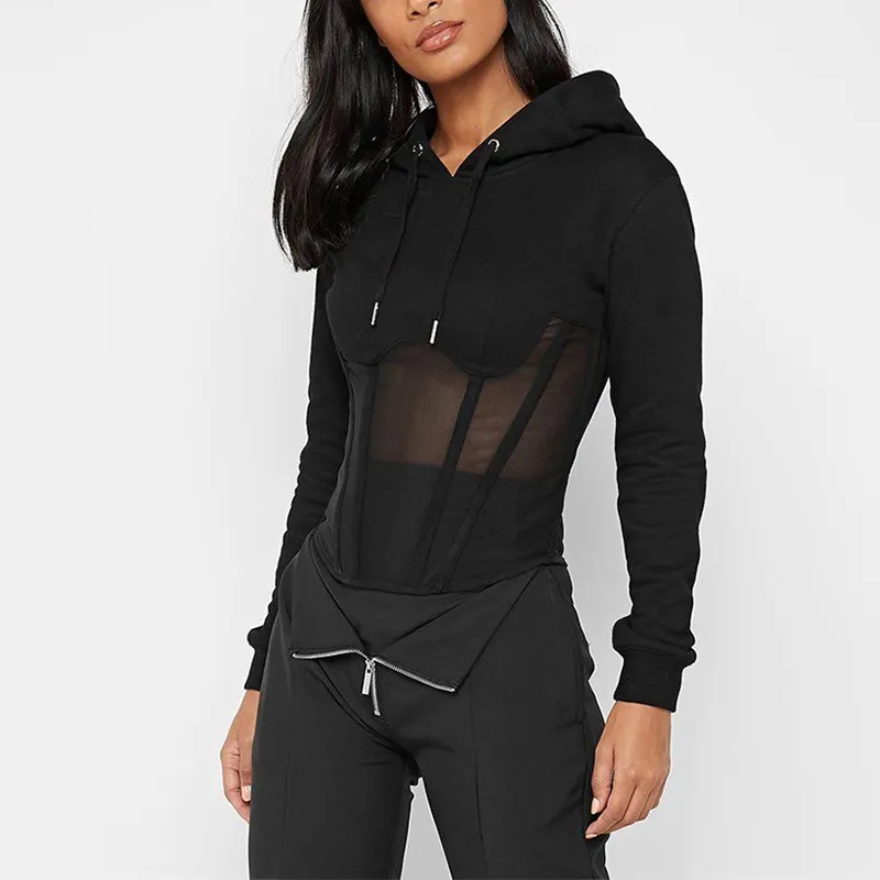 Omsj kvinna pullover sweatshirts långärmad höst svart / grå mesh genomifrån spets randig patchwork hoodies casual hoody 210517