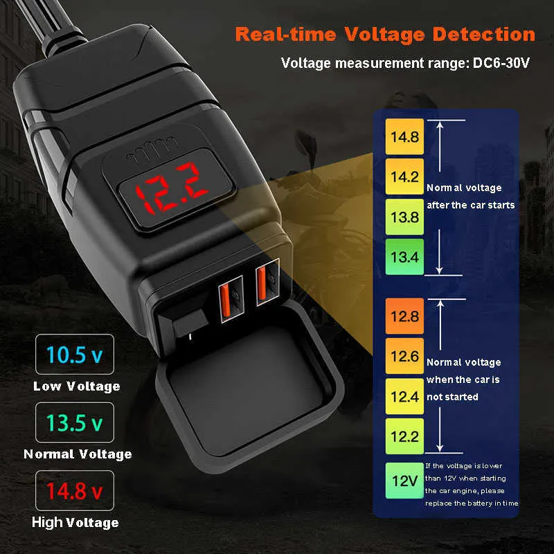 Port USB 12V Podwójna wodoodporna ładowarka do motocykla Szybkie ładowanie 3 0 za pomocą woltomierza Smart Phone Tablet GPS260W