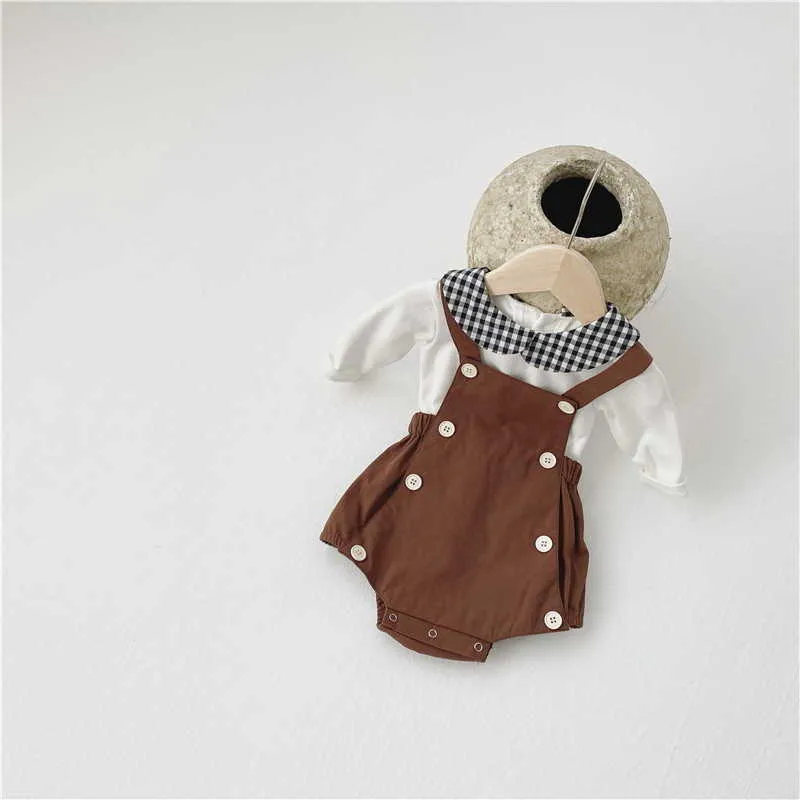 Bahar Kore Tarzı Bebek Kız 2-ADET Setleri Peter Pan Yaka Uzun Kollu T-shirt + Tulum Bodysuit Çocuk Giysileri E5026 210610