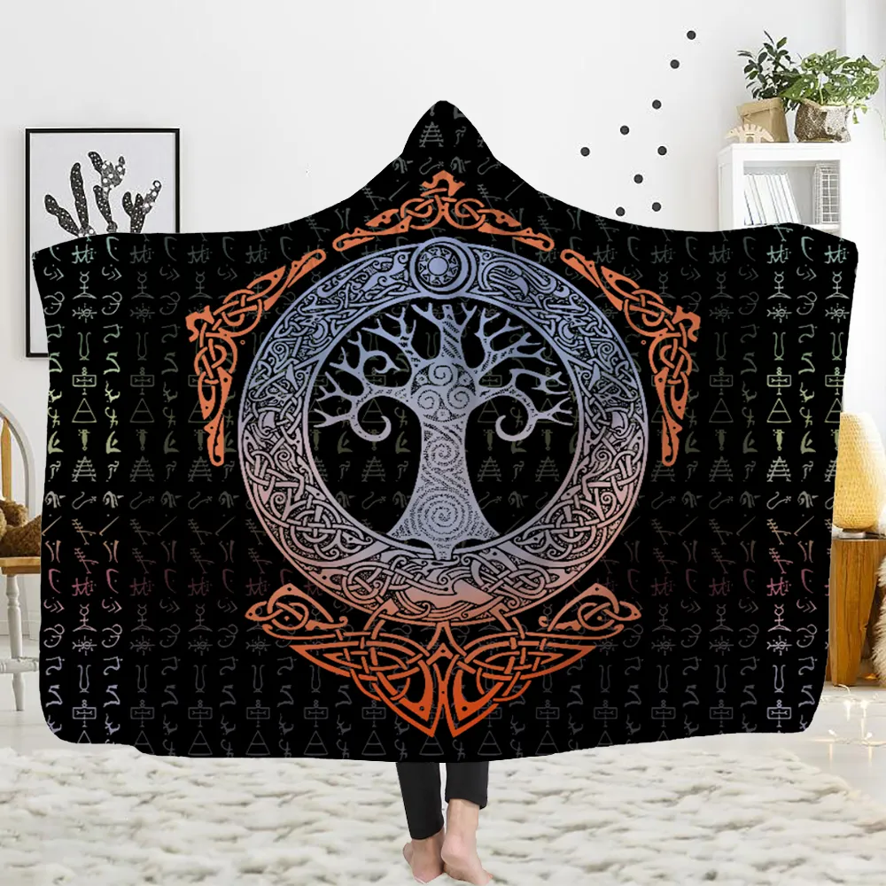 Customized 3D printed hooded blanket can be worn on flannel lamb cashmere cloak Viking totem theme Custom DIY Thin Quilt Sofa blan272A