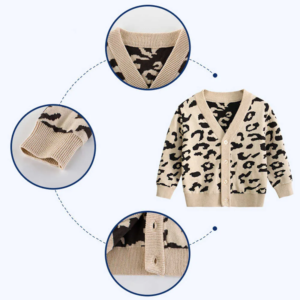 Barn leopard tröja barn kappa toddler jacka ytterkläder kläder pojke flicka höst vinter stickad cardigan tröja y1024