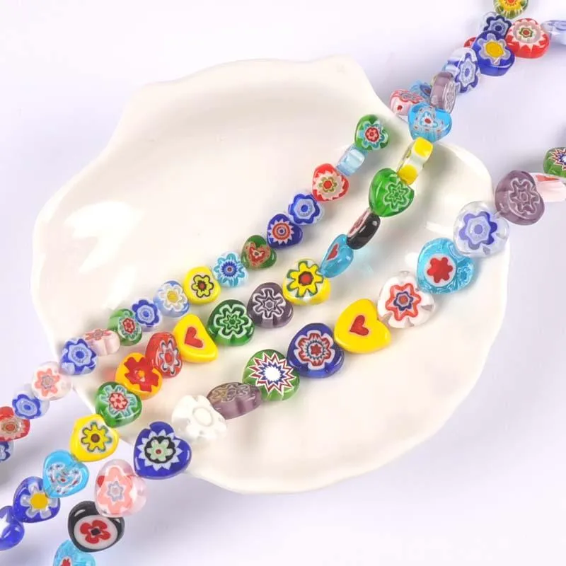 その他の8-12mm混合ハートシェイプフラワーパターンMillefiori Glass Loose Beads Lampwork Crafts for Jewelry Making YKL0848251N