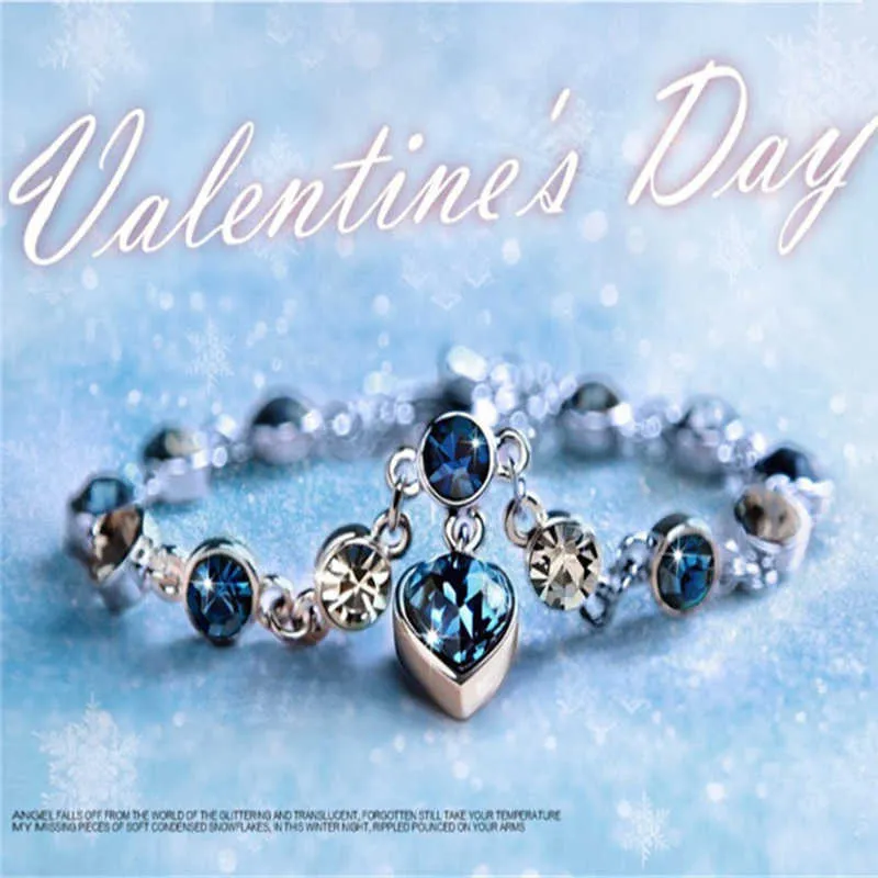 Classique Océan Coeur Bleu Cristal Bracelets pour Femmes Simple Alliage Métal Amour Bracelet Saint Valentin Cadeau Bijoux En Gros G1026