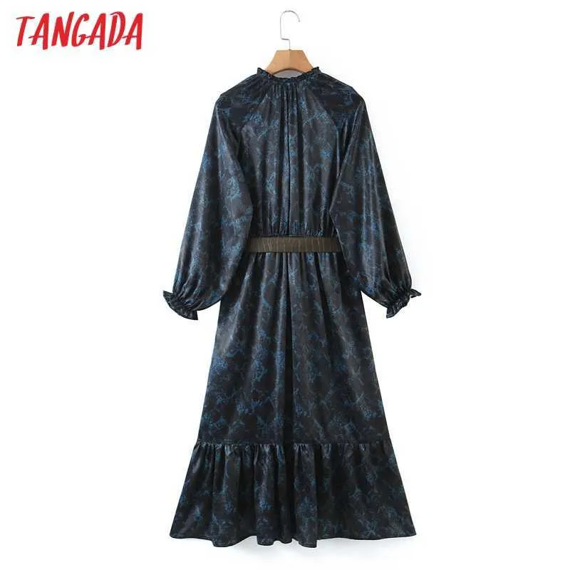 Tangada Spring Fashion Women Blue Snake Print Vestido vintage Manga larga Oficina Damas Vestido Midi con cinturón SL176 210609