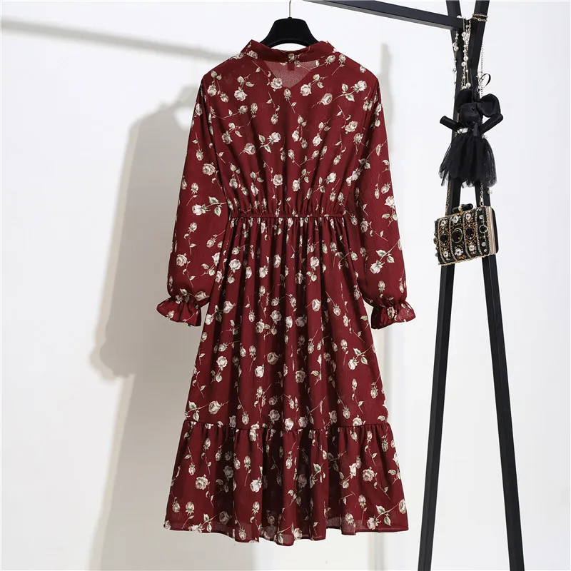 11 Style Piękna moda Summer Sukienka z długim rękawem Retro Flar Sukienki z wysokiej talii Kwiatowy nadruk Szyfonowy odzież 210325