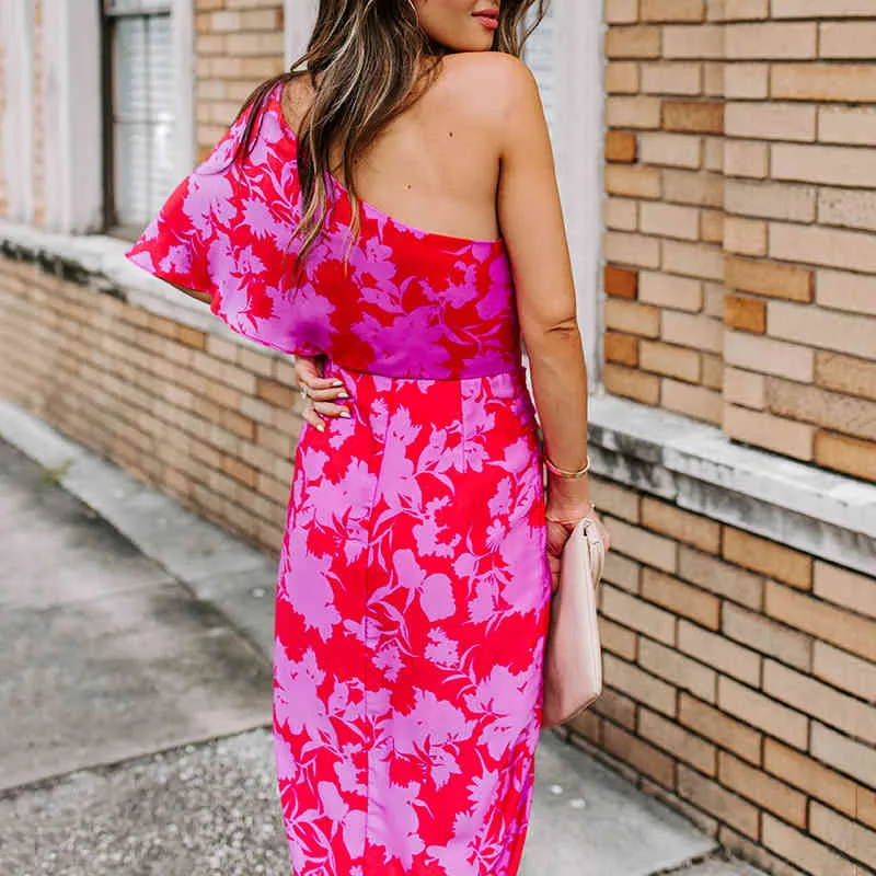 Women Dress Oblique Collar One Shoulder Printed Bohemia Dresses Sexy Long Floral Irregular Loose Summer 210524