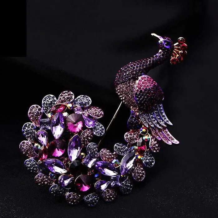女性のための大きい動物ES紫色のクリスタルラインストーンPeafowl孔雀のブローチピンの結婚式の花嫁の装飾