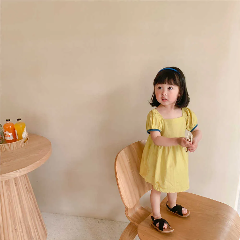 Летние девушки платье корейский стиль положительный и отрицательный бантик квадратный воротник сладкий ребенок детская детская одежда 210625