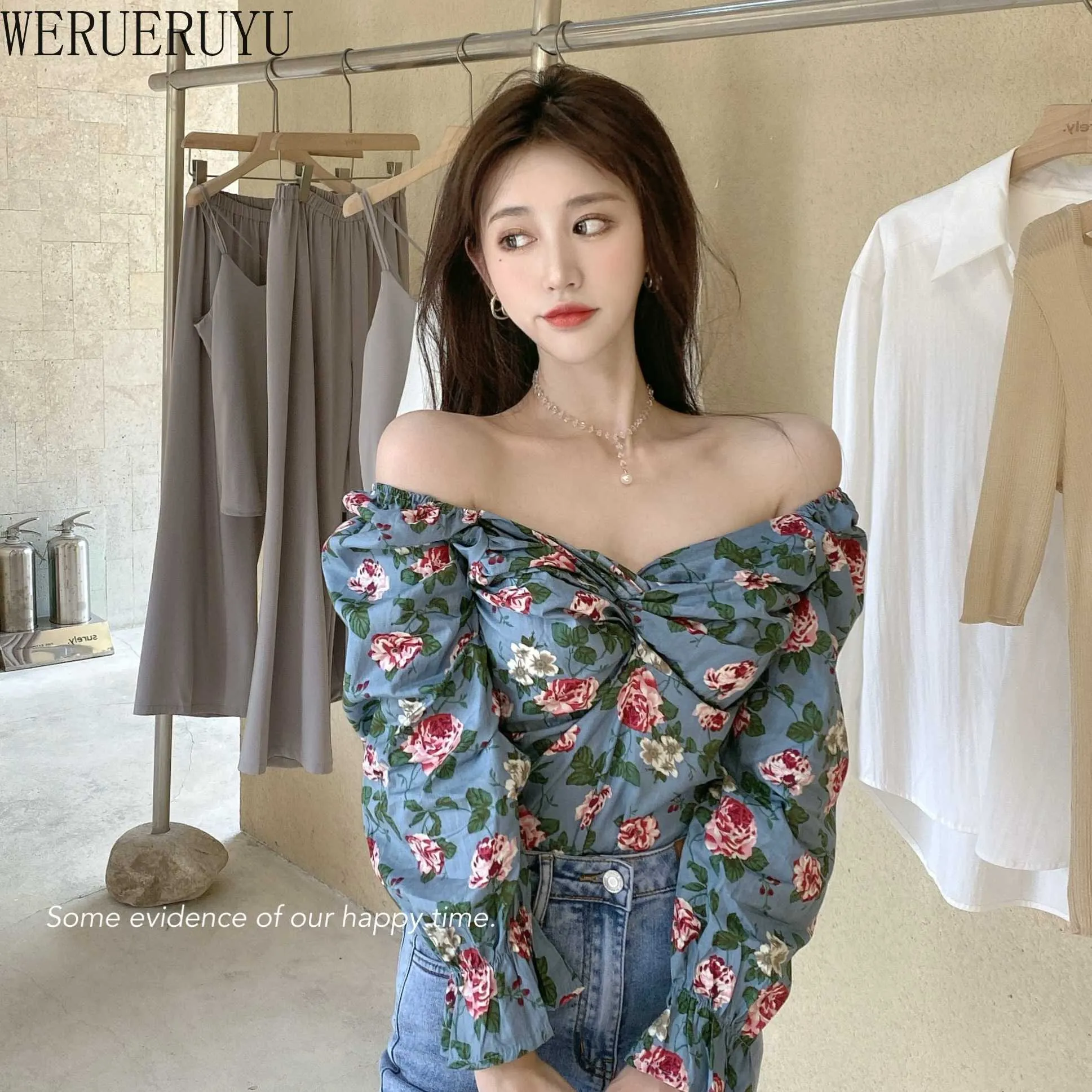 Werueruyu casual strikje ruche vrouwen blouse shirt trompet mouw bloem vrouwelijke tops blouse meisje chiffon dames blouse 210608