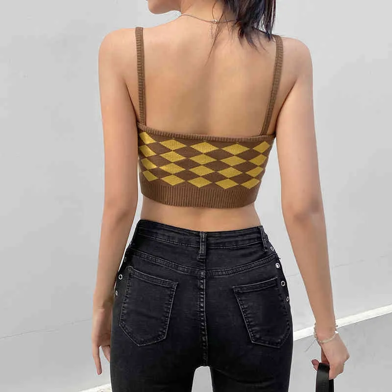 Argyle Print Knit Y2k Camis Strap Crop Top For Girls Summer Clothes Women Vintage Plaid Shirt Sleeveless Tank Female 210510