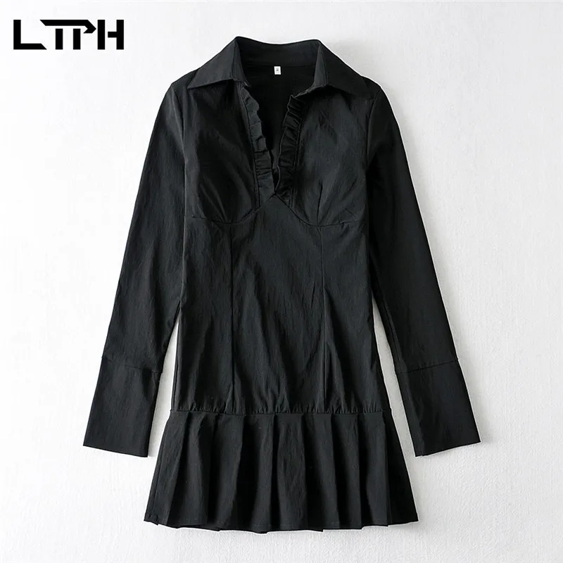 Tlph Insスタイルシンプルな黒いシャツのドレス女性長袖ラペルの折りたたみエレガントなフリルセクシーな短いプリーツのドレス秋210427