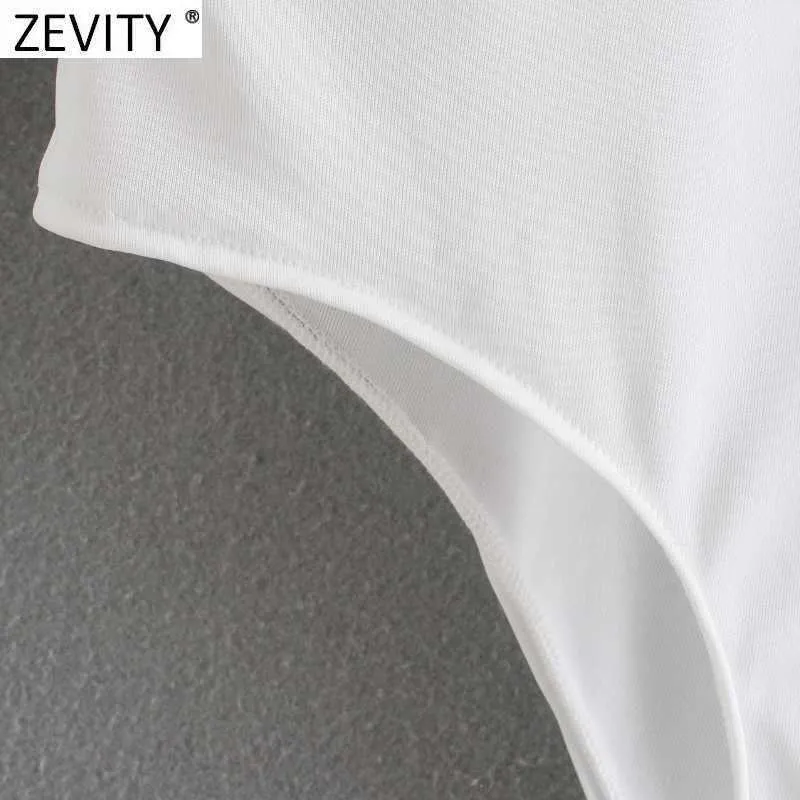 Zevity Women Fashion Turn Down Collar White Poplin Bodysuits Ladies Office Wear Breasted Slim Siamese Chic Rompers LS9095 210603