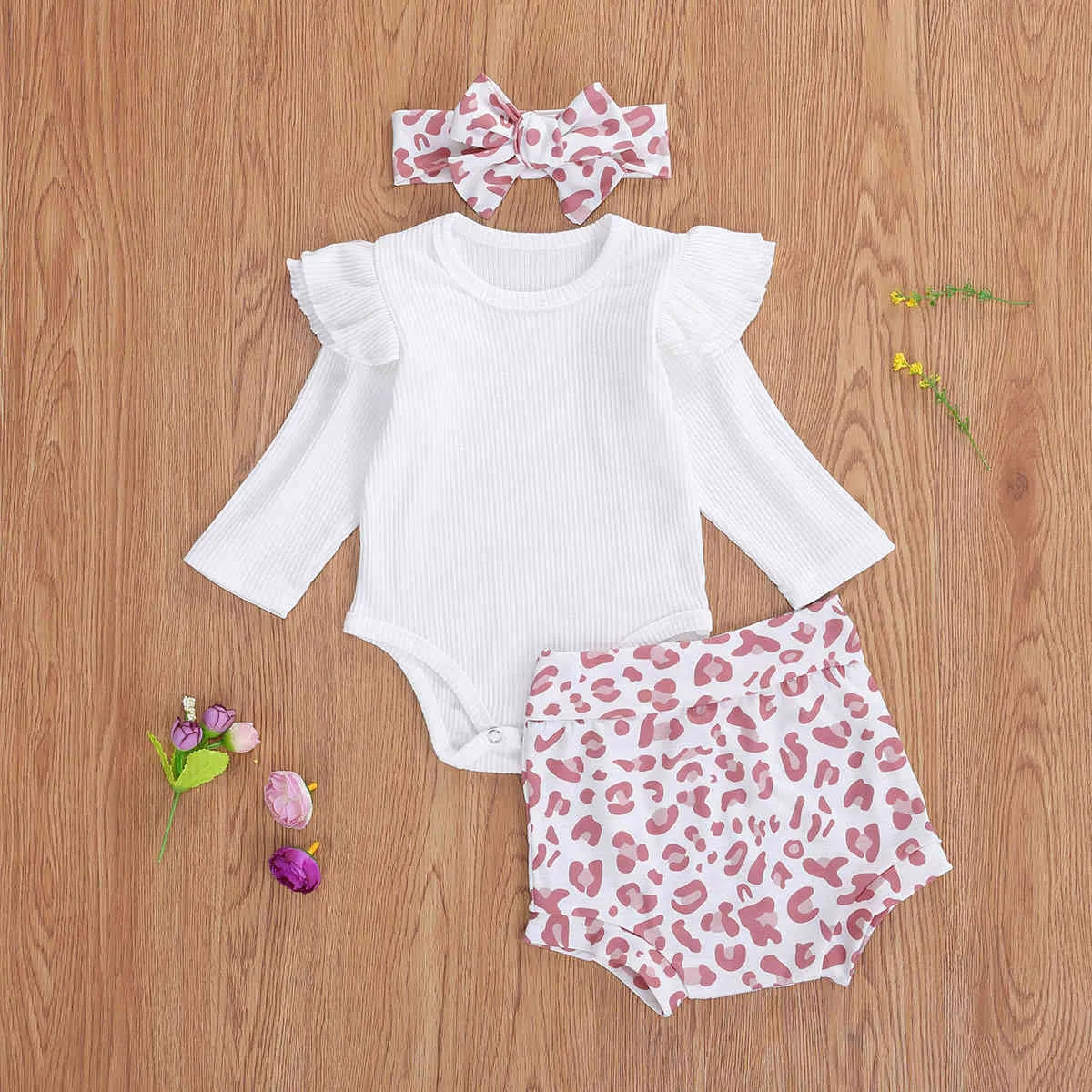 0-18Mピンクのヒョウ生まれ乳児の赤ちゃん女の子服セットフリルニットロンパースショーツ衣装秋春の衣装210515