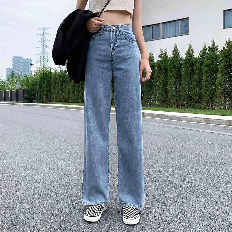 Summer Women High Waist Split Denim Pants Straight Wide Leg Long Length Jeans Lady Solid Color Loose Female 210423
