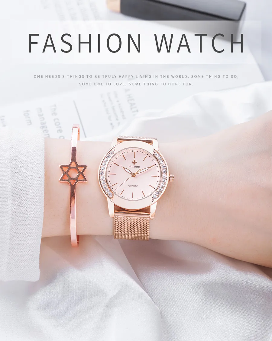 WWOOR Luxury Diamond Ladies es 2021 Top Brand Fashion Quartz Wrist Rose Gold Mesh Band Bracelet Watch For Women